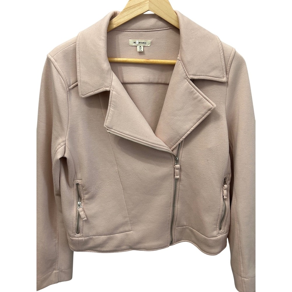 Max Studio Blush Pink Knit Moto Jacket - Asymmetrical Zip Stretch Biker Size M